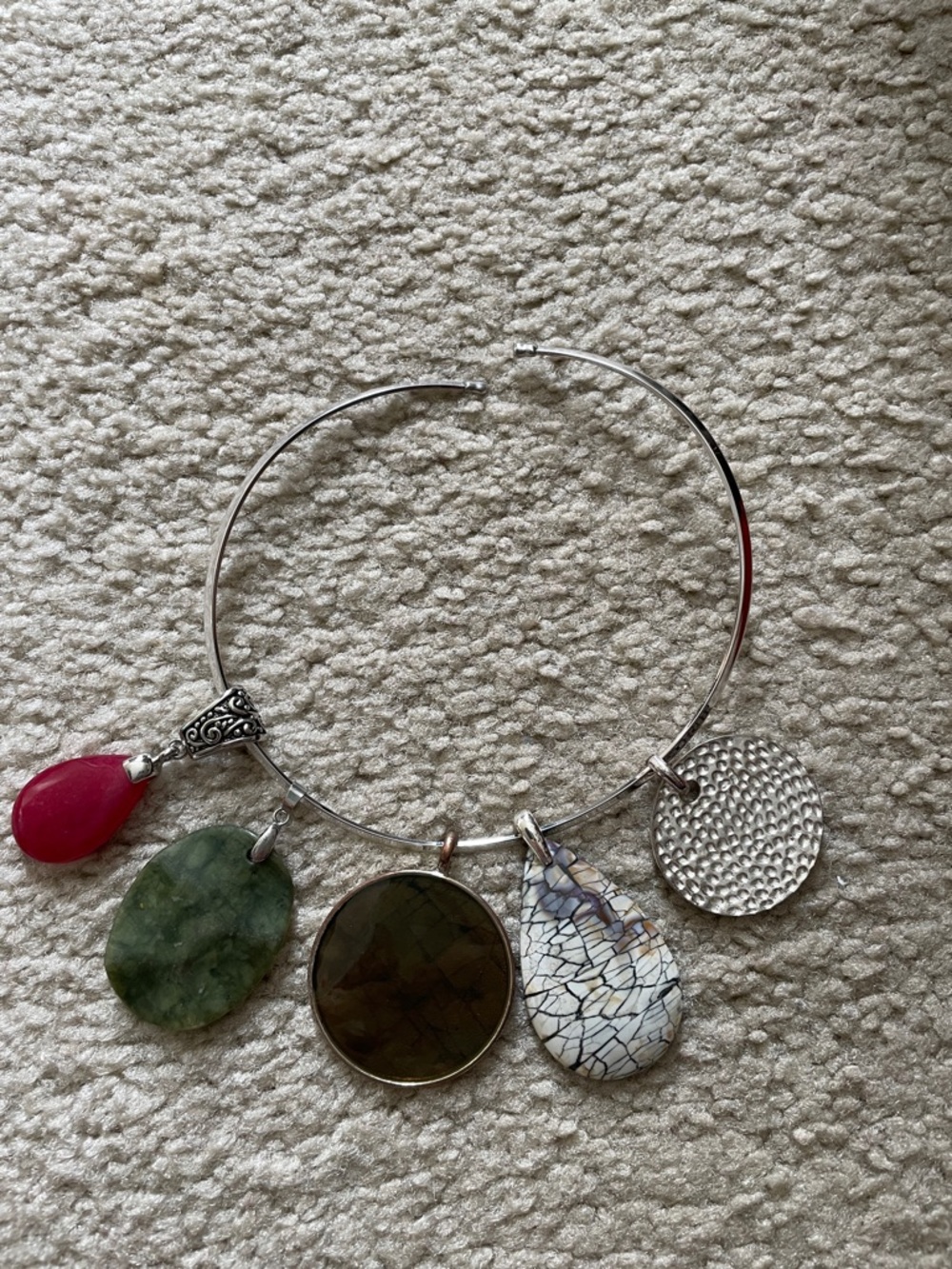 Silver Adjustable Charm Bangle with Removable Gemstone Charms